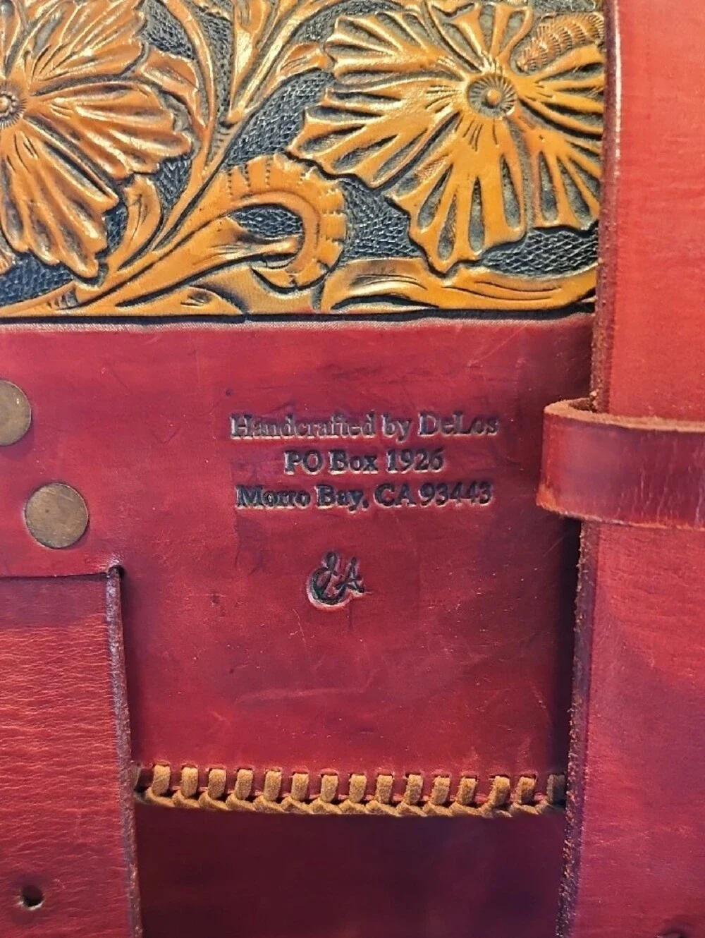 Handcrafted Red Leather Floral Tooled Satchel